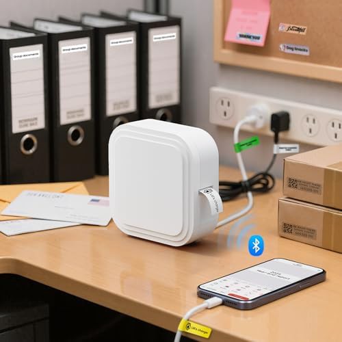 White mini bluetooth label maker with tape — photo 3