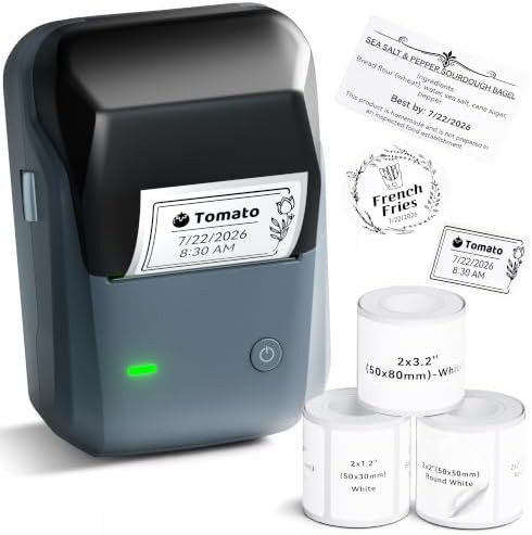 Blue bluetooth label printer with white labels