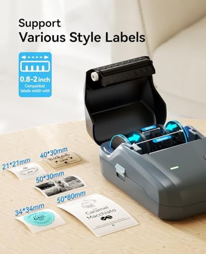 Blue bluetooth label printer with white labels — photo 4