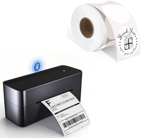Black shipping printer with round white labels