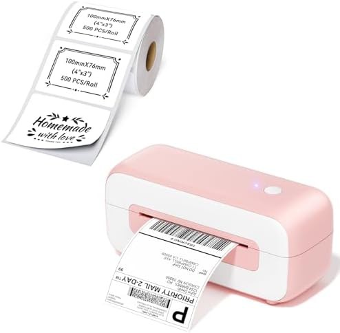 Pink thermal printer with four by three labels
