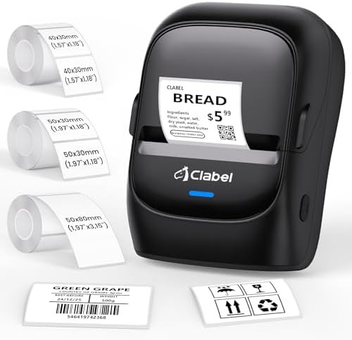 Black Bluetooth barcode printer with three rolls