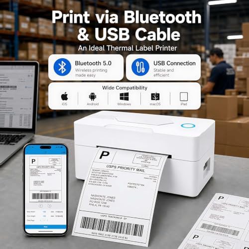 White Bluetooth thermal shipping label printer — photo 3